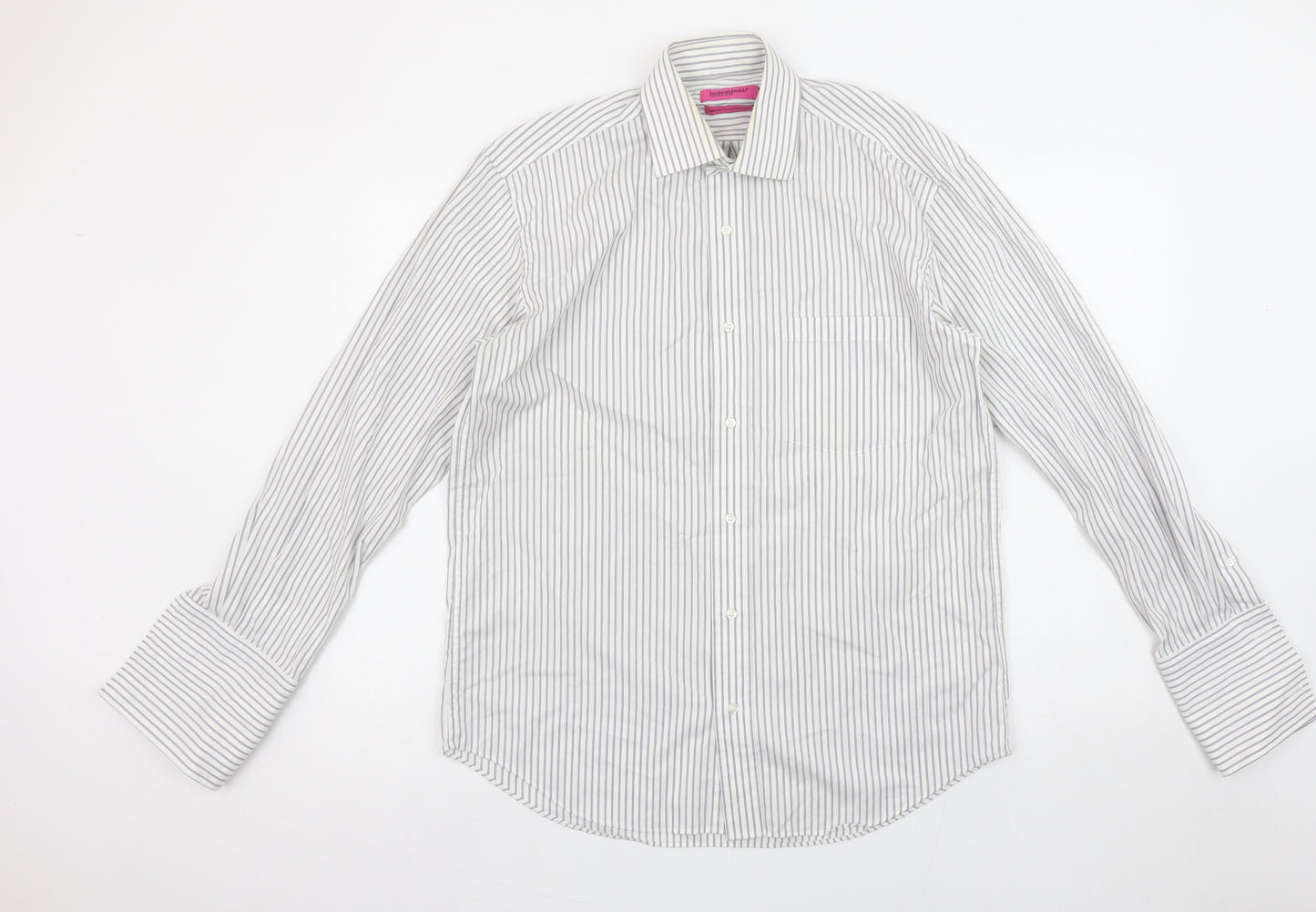 Butler and Webb Men's White Striped 15in Regular Fit Cotton Dress Shirt