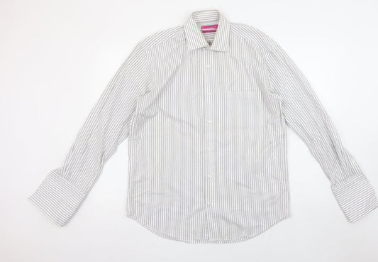 Butler and Webb Men's White Striped 15in Regular Fit Cotton Dress Shirt