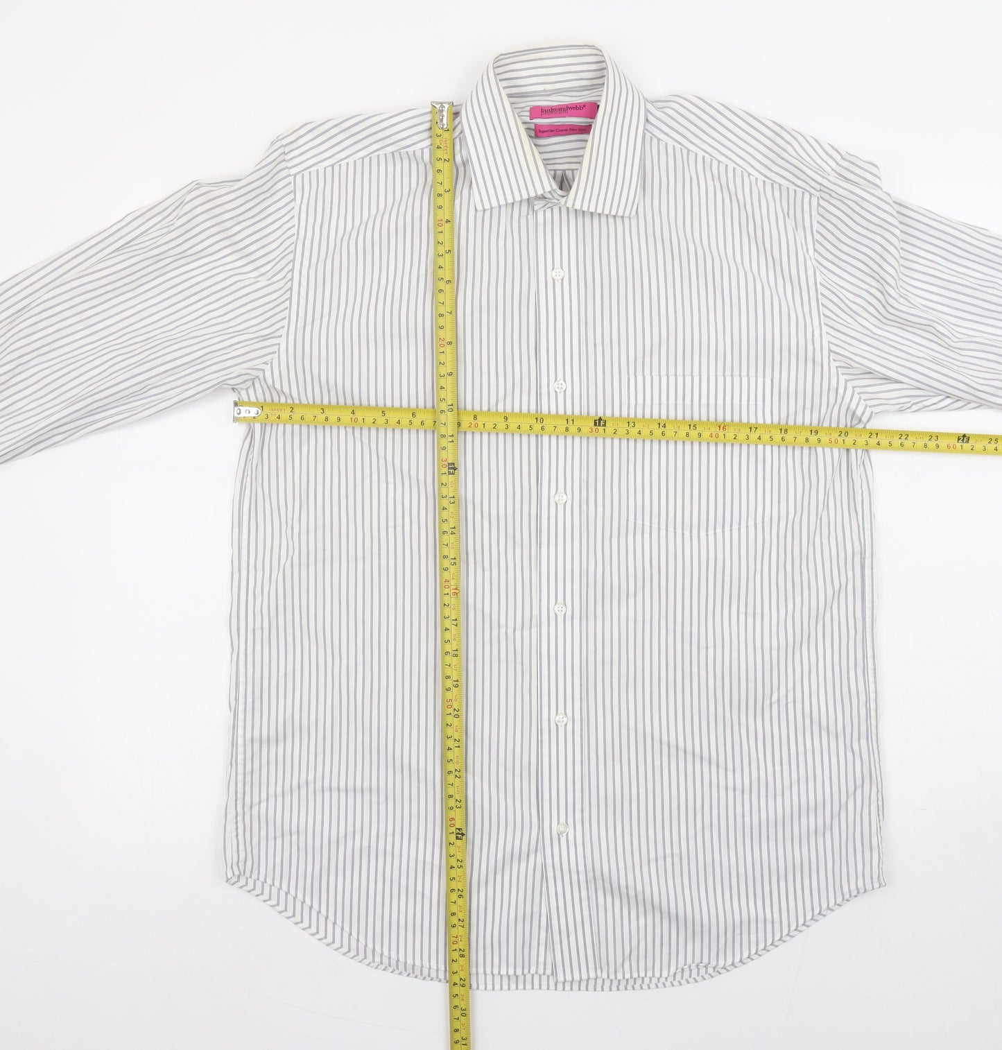 Butler and Webb Men's White Striped 15in Regular Fit Cotton Dress Shirt