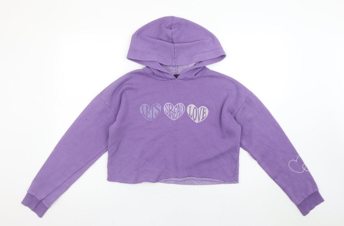 915 Girls Purple Cropped Pullover Hoodie Let's Spread Love Age 12-13 Years