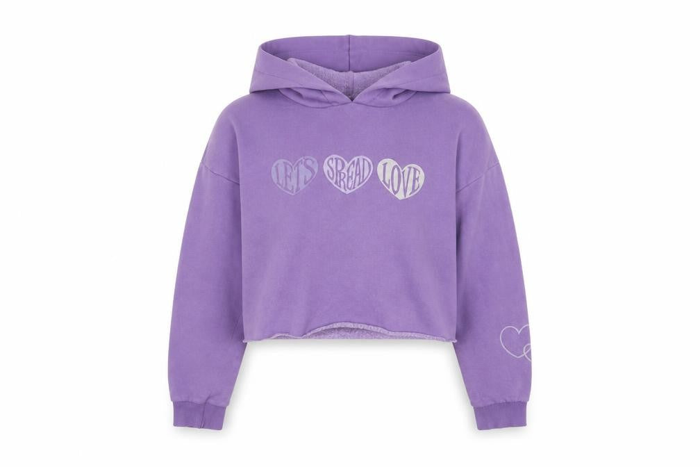 915 Girls Purple Cropped Pullover Hoodie Let's Spread Love Age 12-13 Years