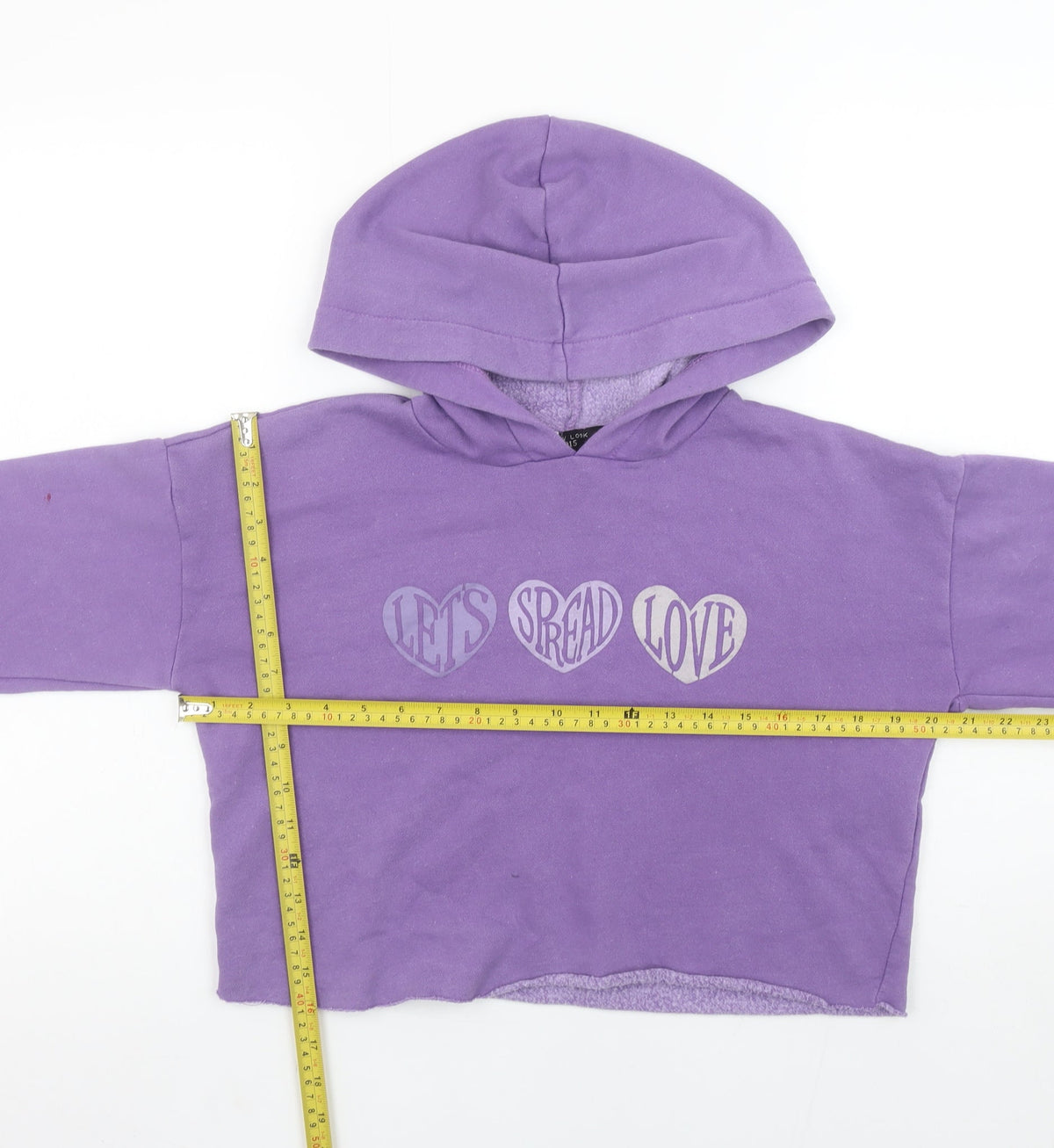 915 Girls Purple Cropped Pullover Hoodie Let's Spread Love Age 12-13 Years