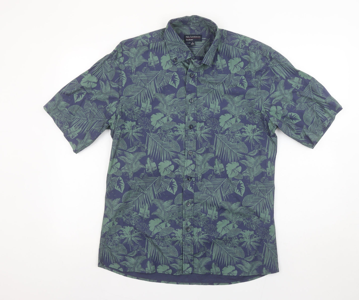 Nils Sundström Men's Blue Tropical Floral Short Sleeve Button-Up Shirt Size S