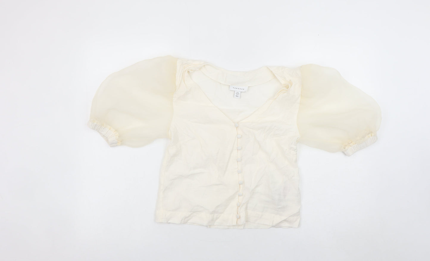 Topshop Women Ivory Puff Sleeve Cropped Button Blouse Size 8