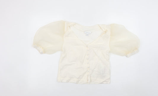 Topshop Women Ivory Puff Sleeve Cropped Button Blouse Size 8