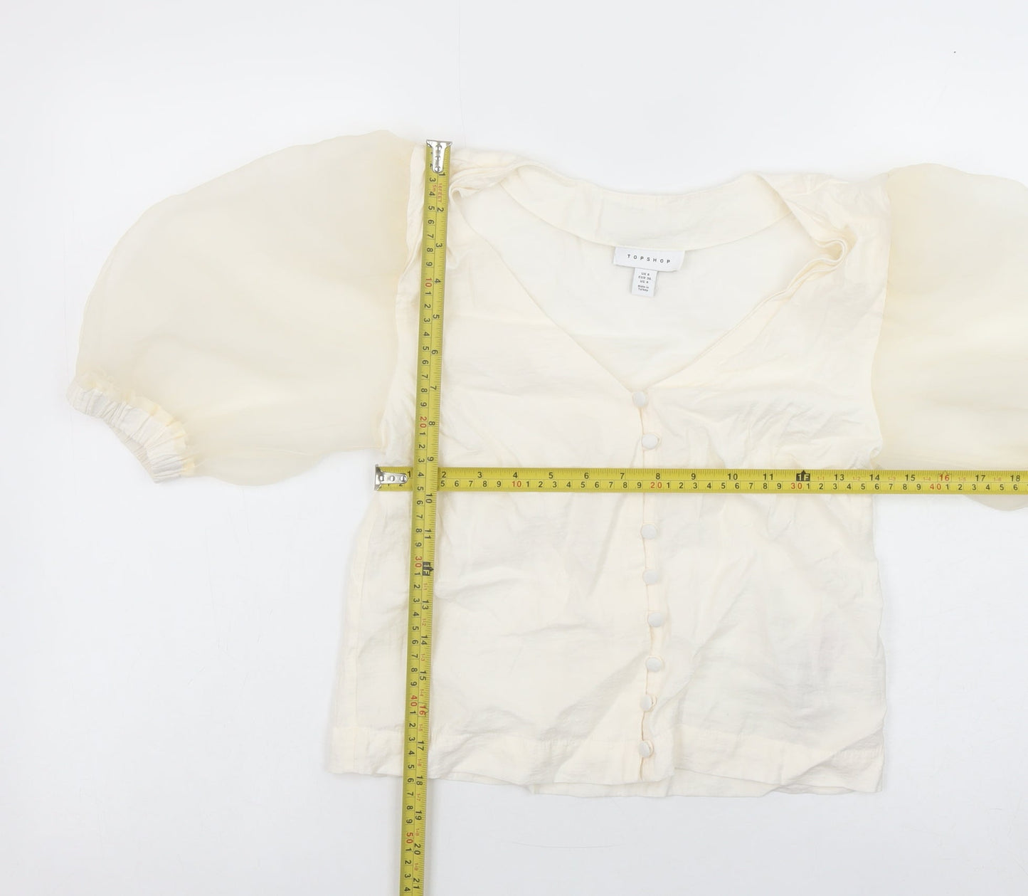 Topshop Women Ivory Puff Sleeve Cropped Button Blouse Size 8