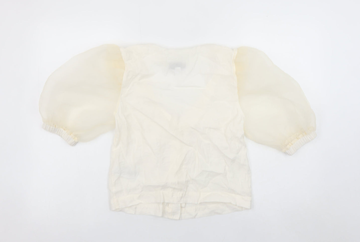 Topshop Women Ivory Puff Sleeve Cropped Button Blouse Size 8