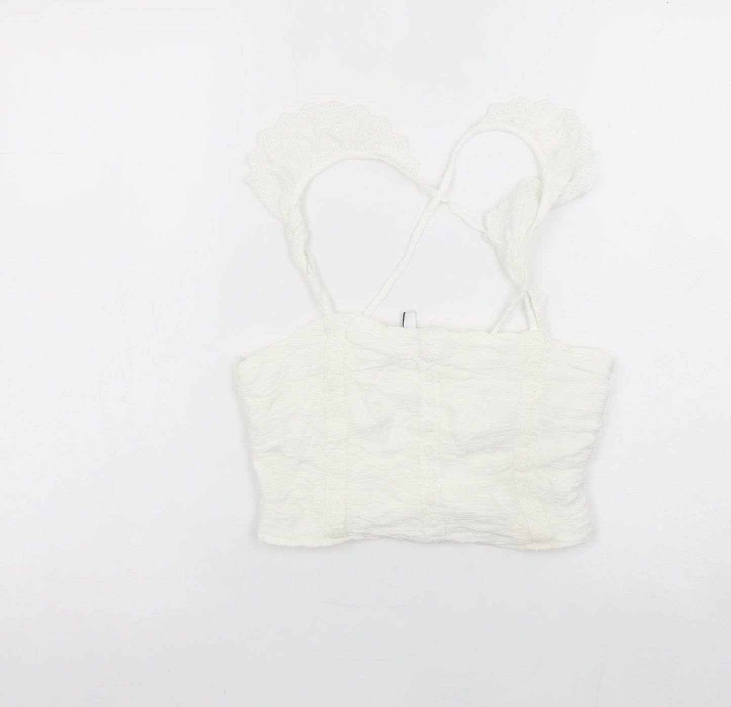 Stradivarius Women’s White Camisole Tank Top Size L Ruffle Strap Stretch
