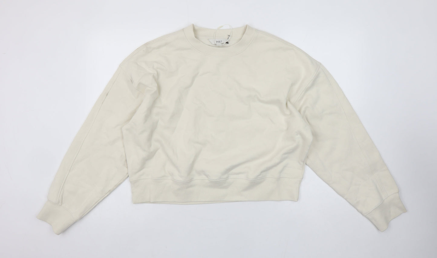 Marks and Spencer Women Ivory Cotton Crew Neck Pullover Sweatshirt M