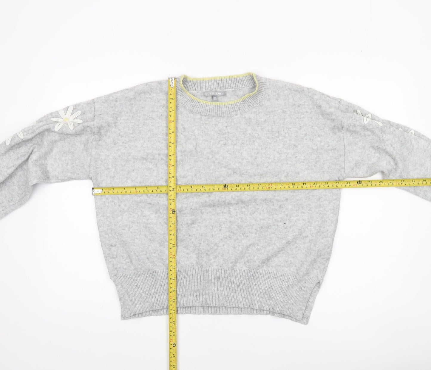 Oliver Bonas Women’s Grey Wool Blend Crew Neck Floral Jumper Size 14