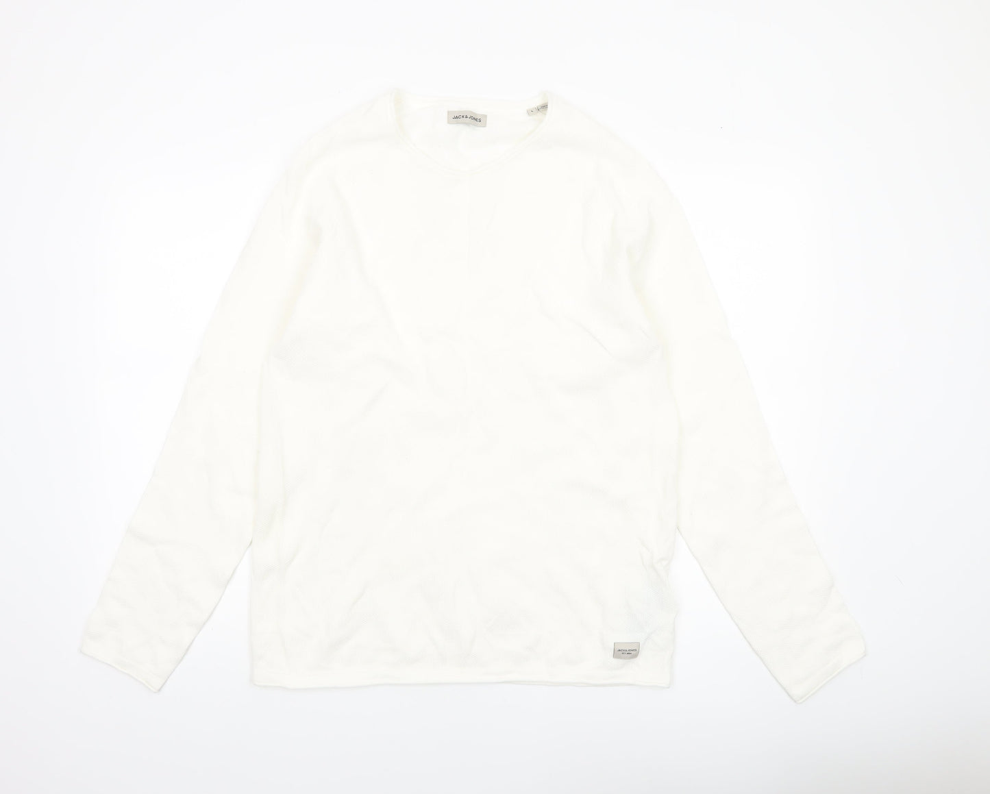 Jack & Jones Men's White Long Sleeve Regular Fit Cotton Top L