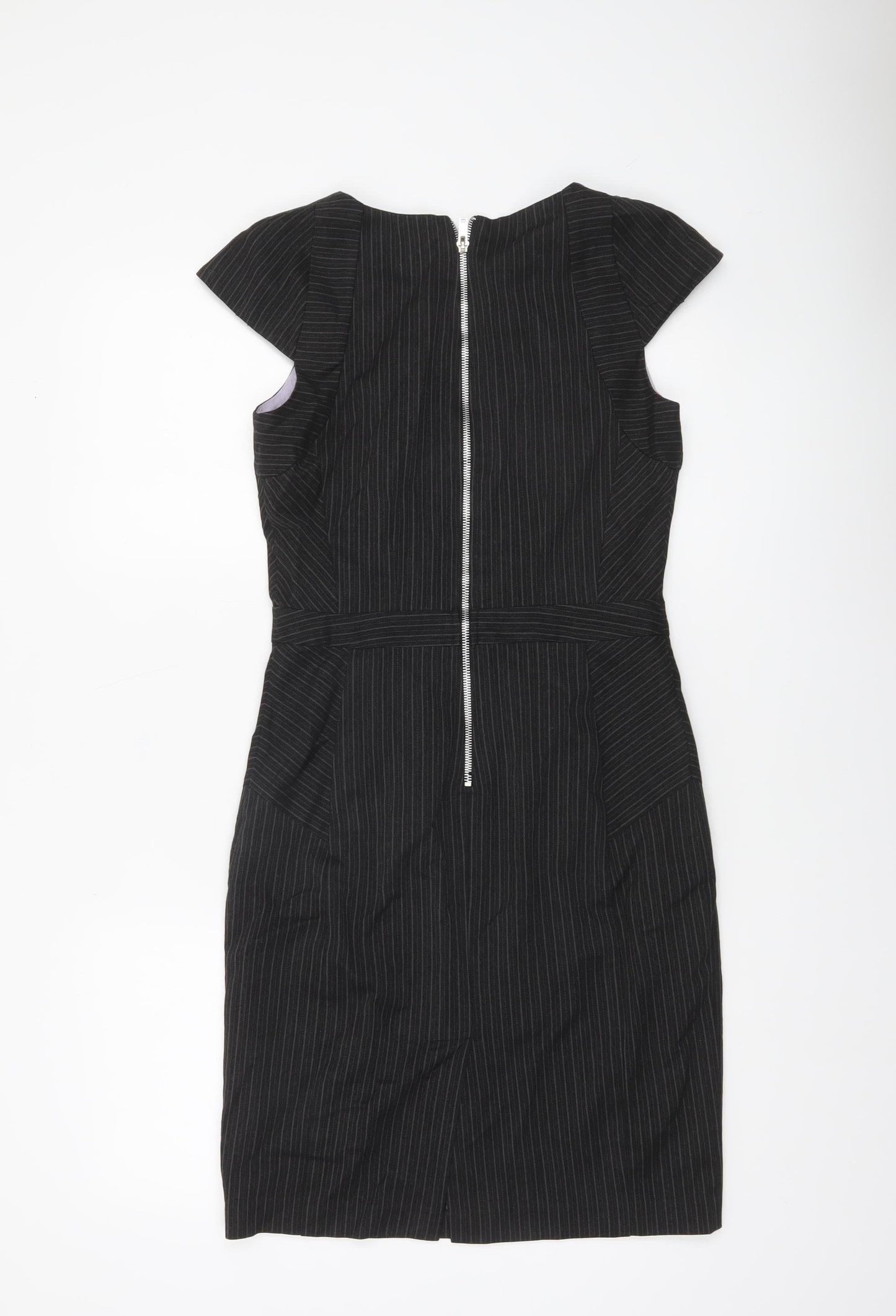 Warehouse Women Black Pinstripe Sheath Dress UK 10 Short Sleeve Workwear