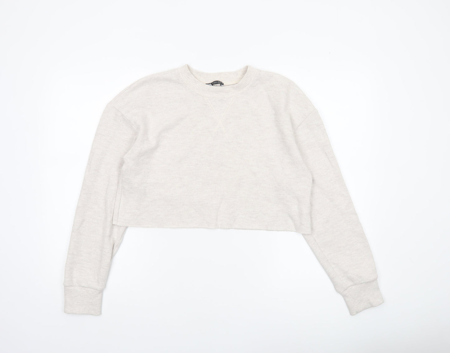 Zara Women Beige Cropped Long Sleeve Jersey T-Shirt Size S