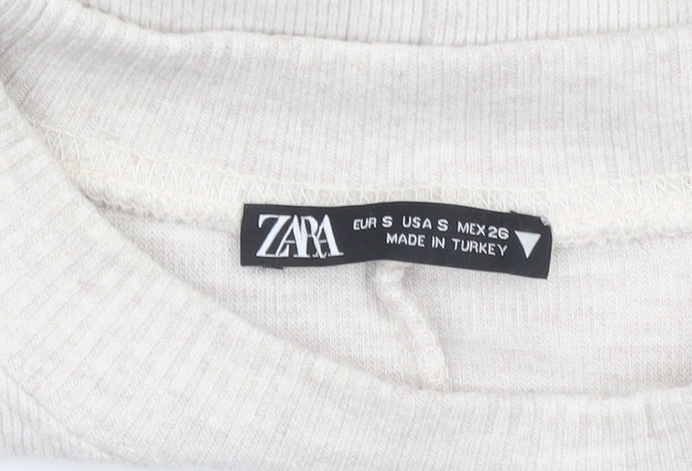 Zara Women Beige Cropped Long Sleeve Jersey T-Shirt Size S