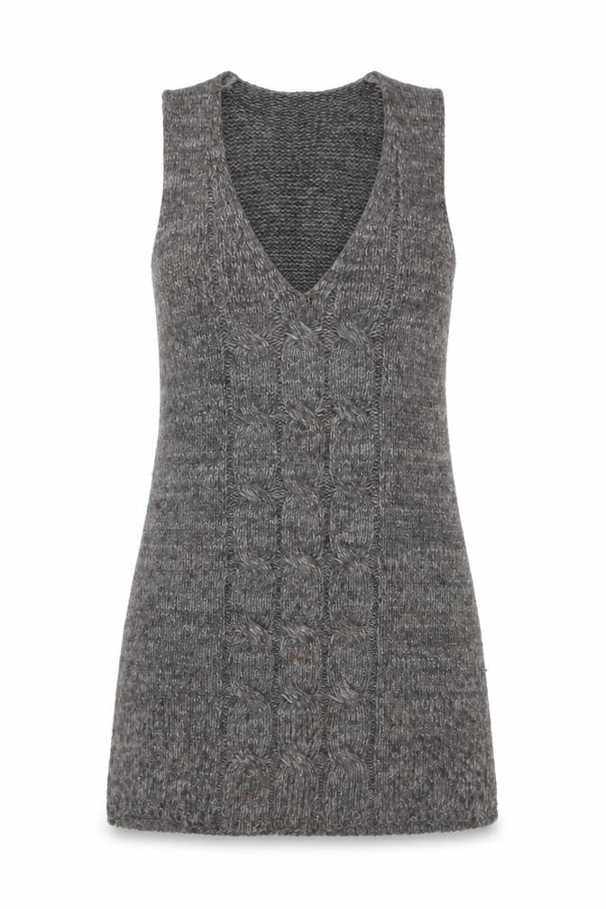 QED London Women’s Grey Cable-Knit Sleeveless V-Neck Jumper Dress Size 8