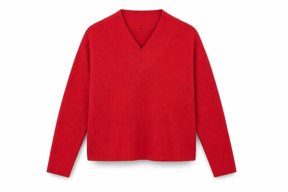 Marks & Spencer Women's Red V-Neck Ribbed Knit Jumper Size S