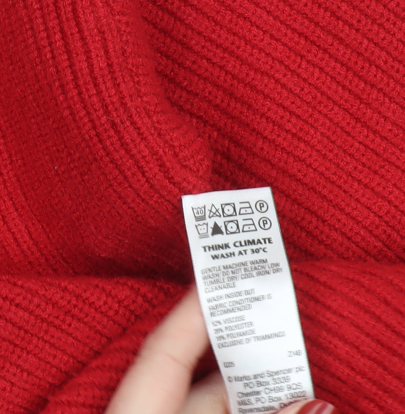 Marks and Spencer Women's Red V-Neck Ribbed Knit Jumper Size S