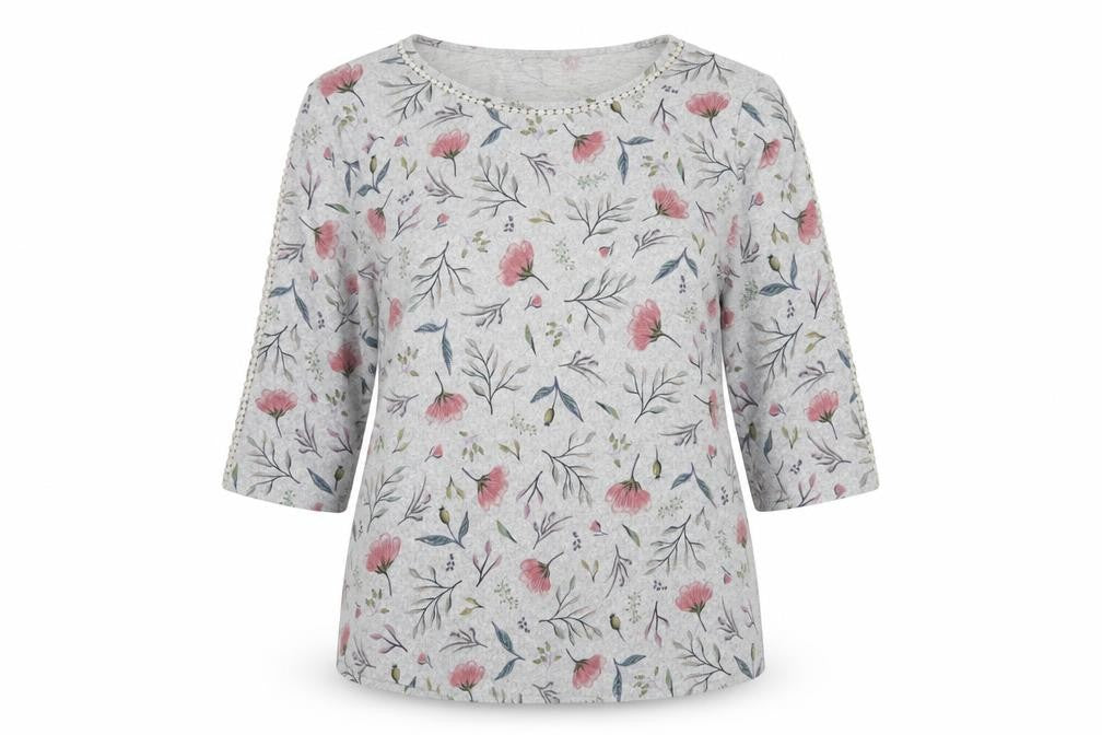 Isle Collection Women's Grey Floral 3/4 Sleeve Pullover Jumper Size M