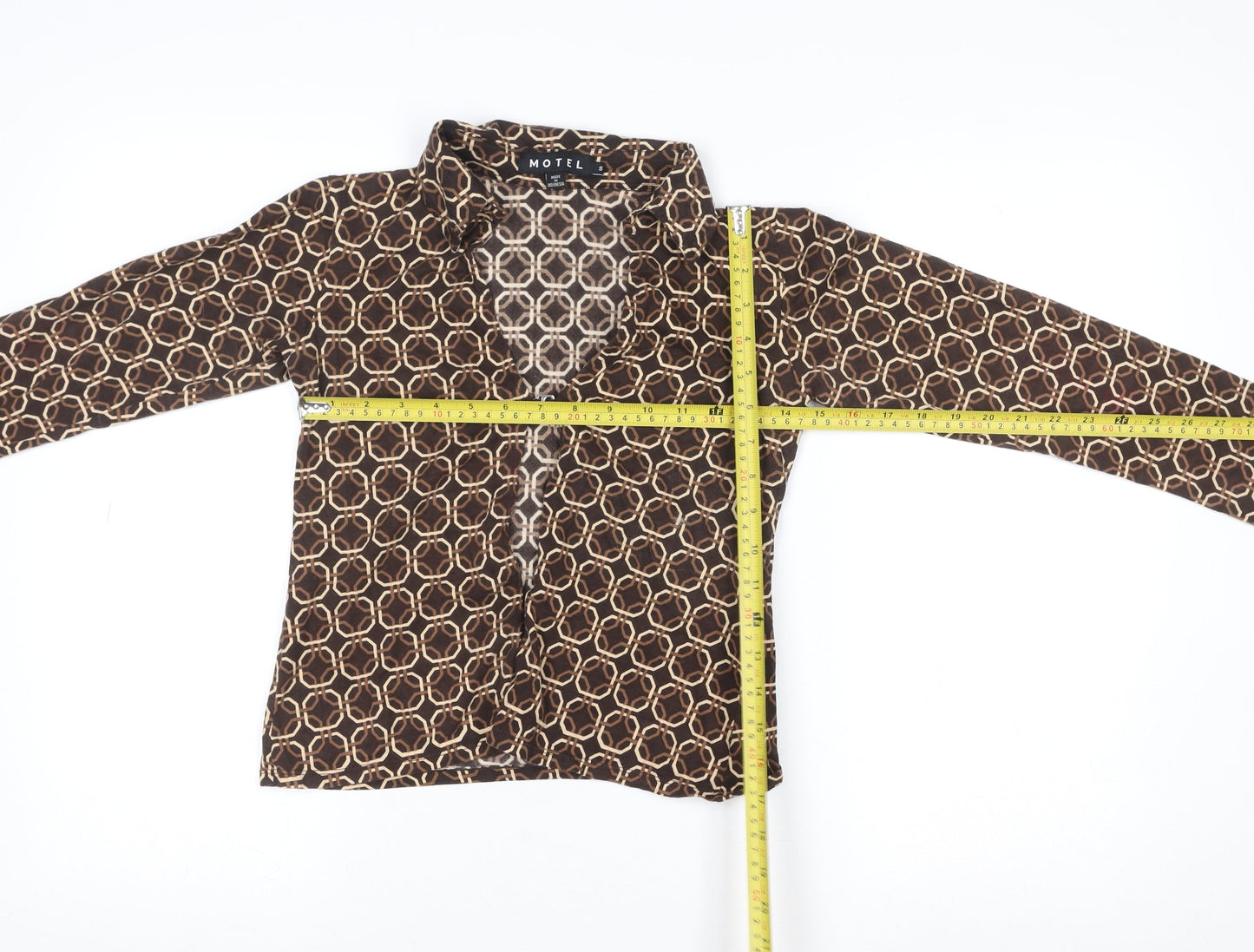Motel Women’s Brown Geometric Collared Cropped Cotton Blouse Size S