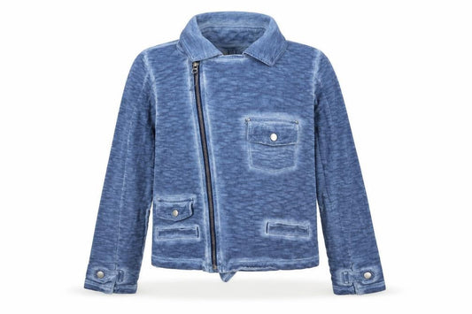 Front view of Next girls’ blue cotton biker jacket 14 years zip front casual outerwear