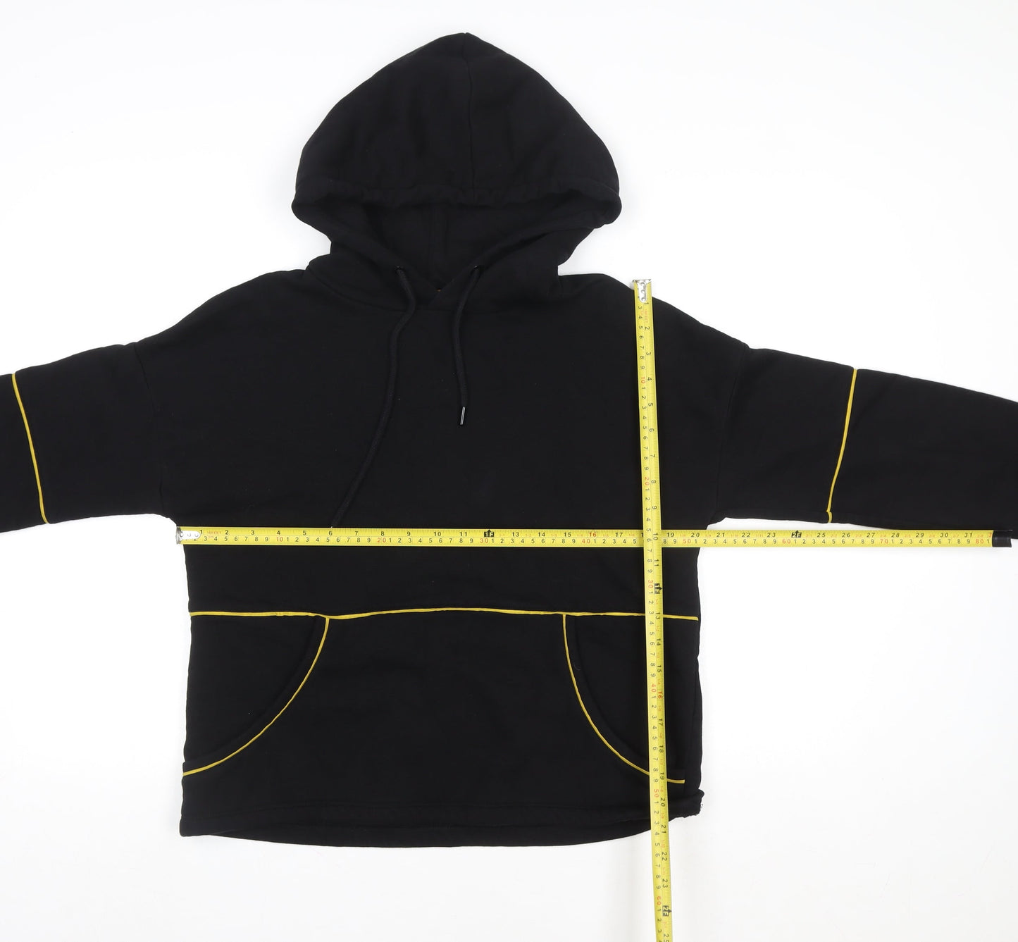 Pimkie Women Black Hoodie Medium Pullover Yellow Trim Fleece