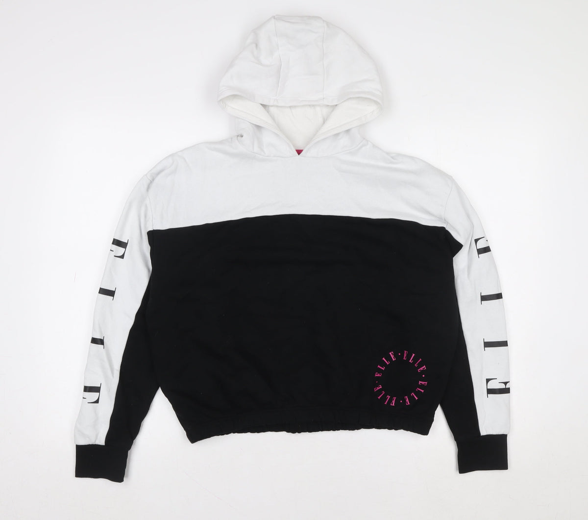 ELLE Girls Black & White Pullover Logo Hoodie 12-13 Years Cotton Blend