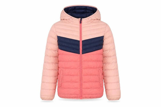 Front view of Mountain Warehouse girls’ pink colourblock hooded puffer jacket 11-12 years