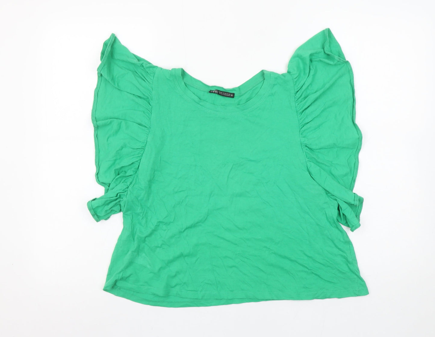 Zara Women Green Ruffle Sleeve Cotton T-Shirt Size 12