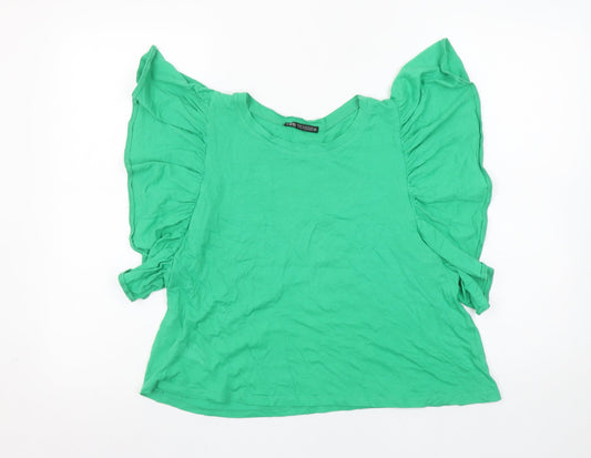 Zara Women Green Ruffle Sleeve Cotton T-Shirt Size 12
