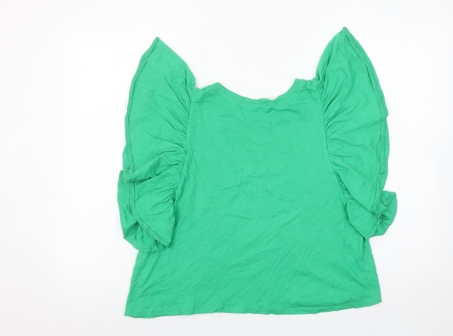 Zara Women Green Ruffle Sleeve Cotton T-Shirt Size 12