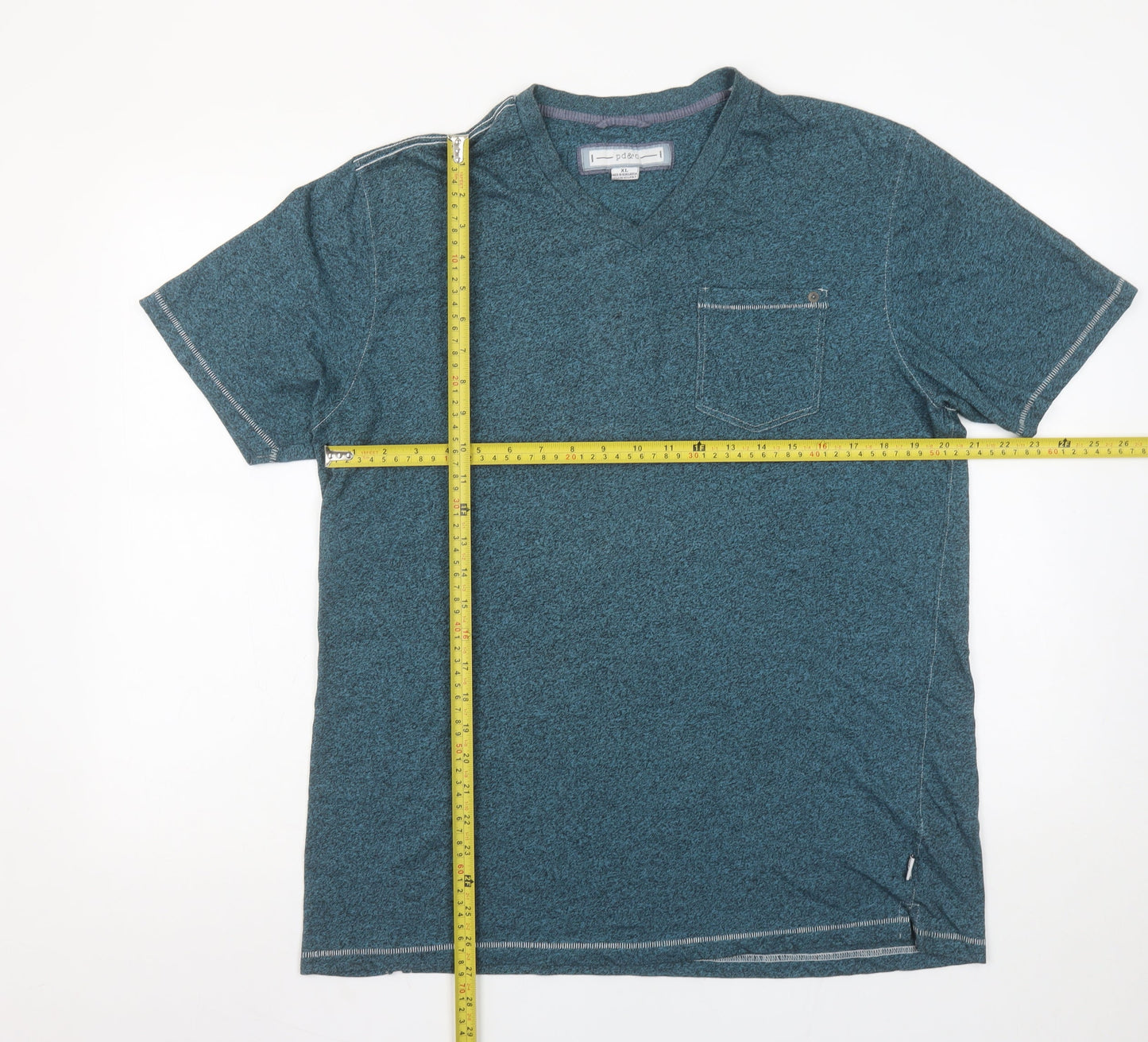 PD&C Men's Blue Short Sleeve V-Neck Cotton Blend T-Shirt XL