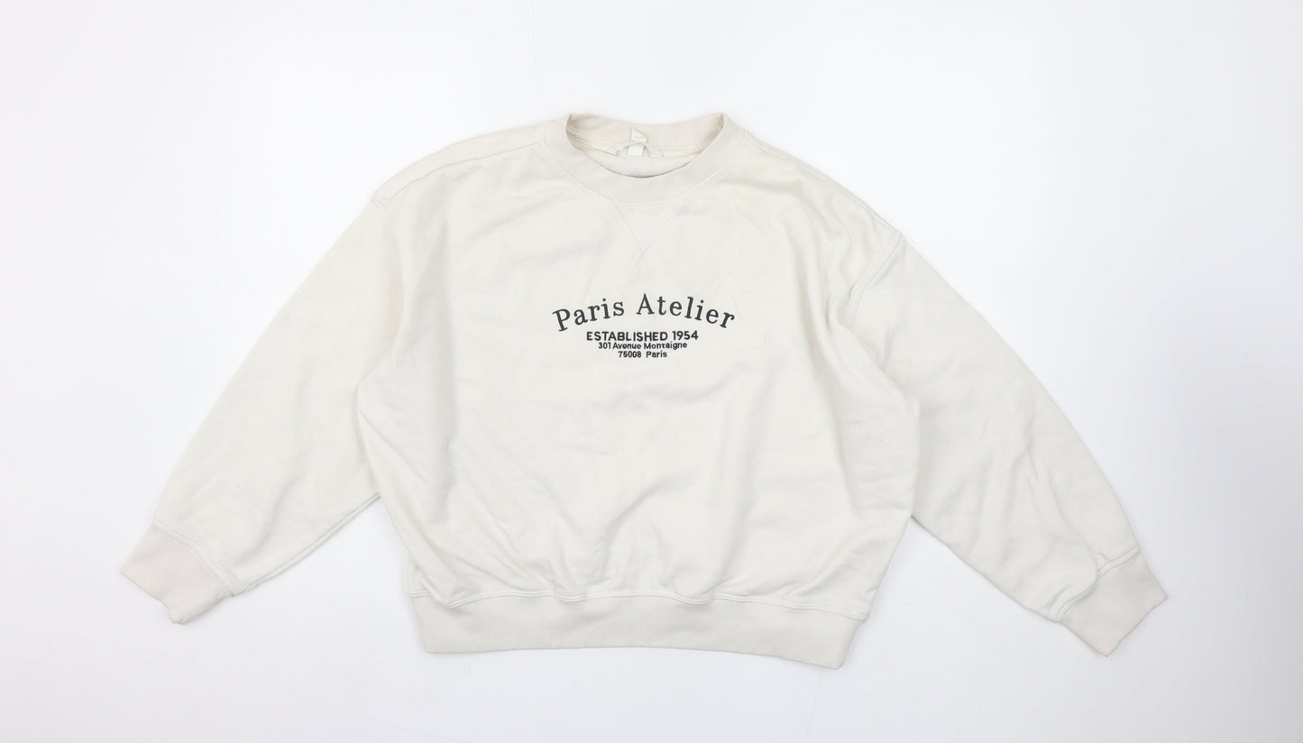 H&M Women Ivory Paris Atelier Cotton Blend Crew Neck Sweatshirt Size S