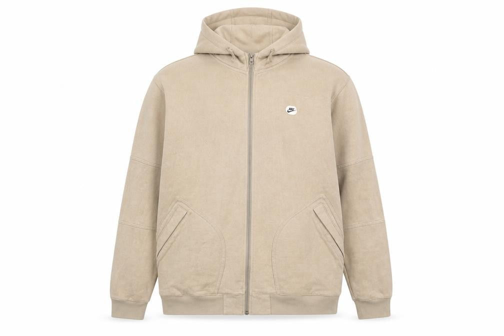 Nike Men's Beige Full Zip Hoodie L Embroidered Logo Cotton Blend