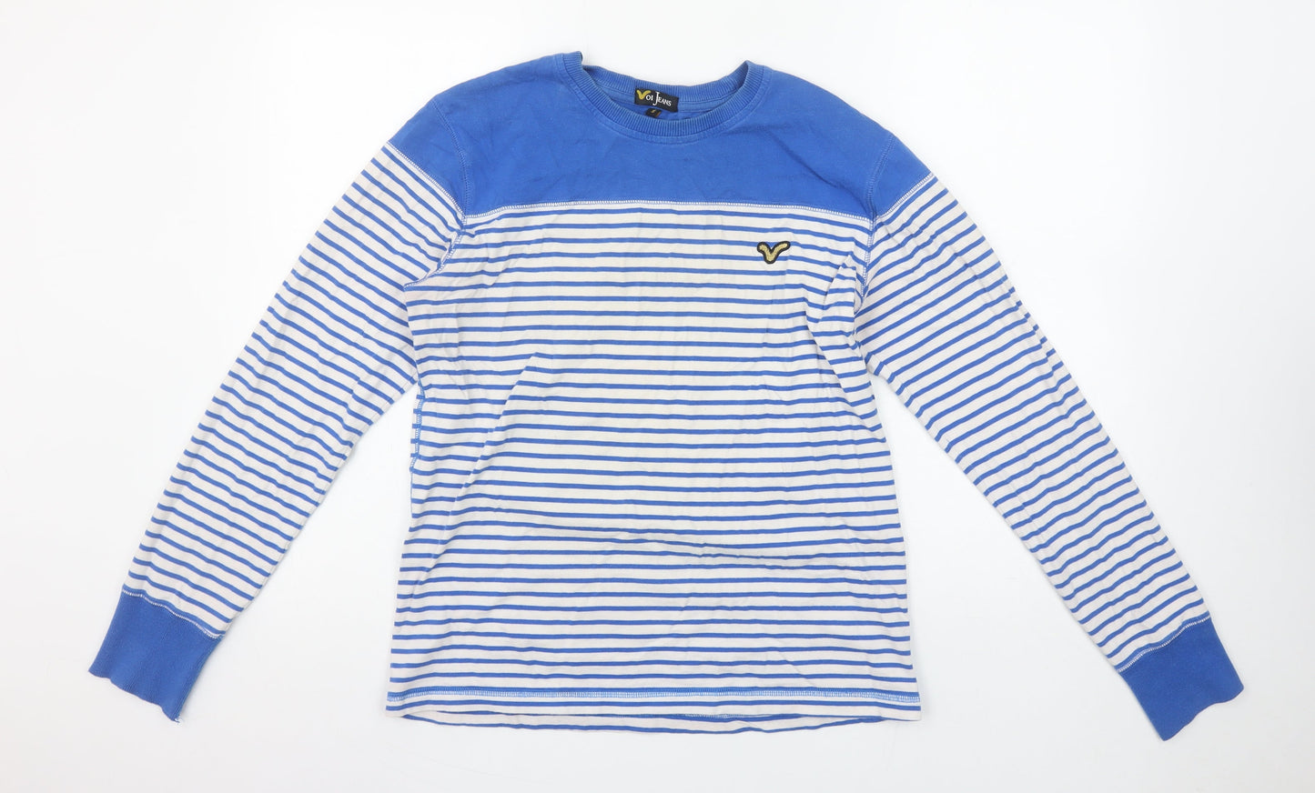 Voi Jeans Men's Blue White Striped Long Sleeve Crew Neck Cotton T-Shirt Size S