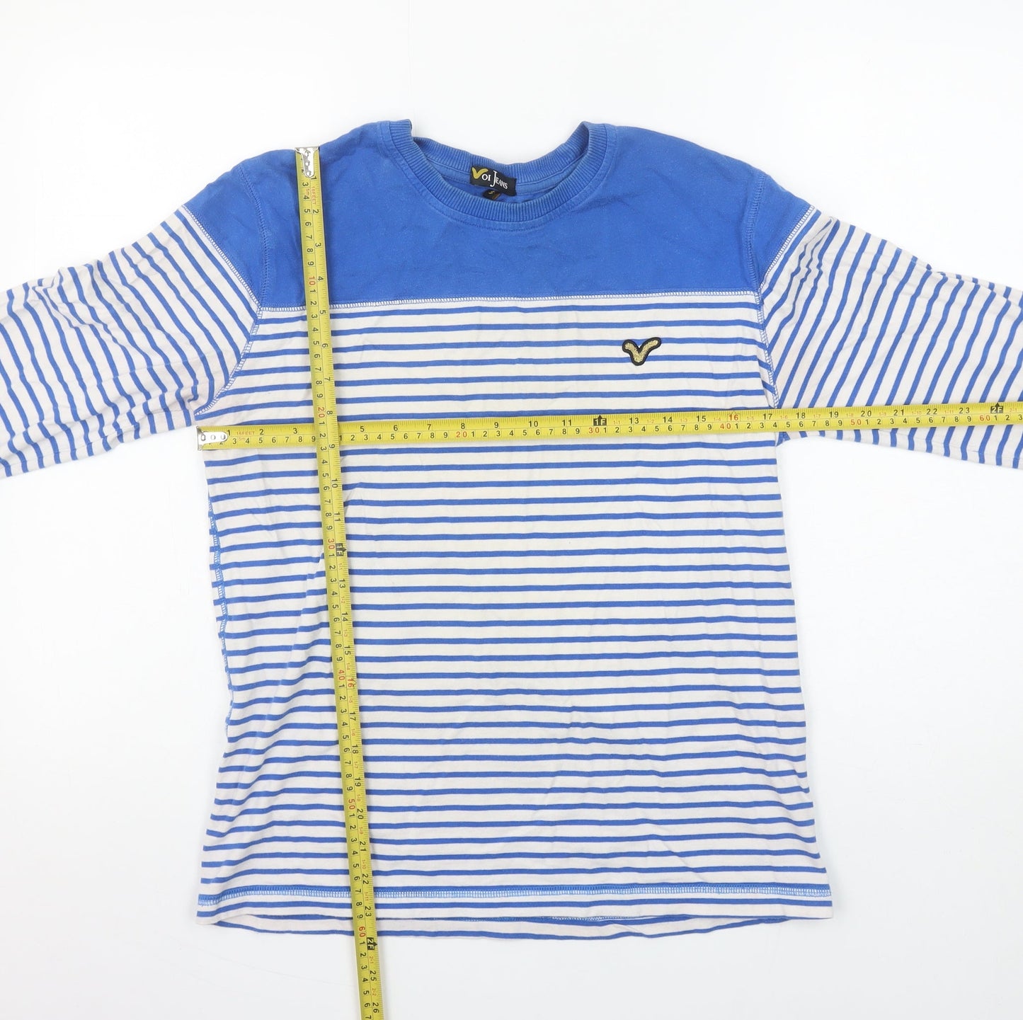 Voi Jeans Men's Blue White Striped Long Sleeve Crew Neck Cotton T-Shirt Size S