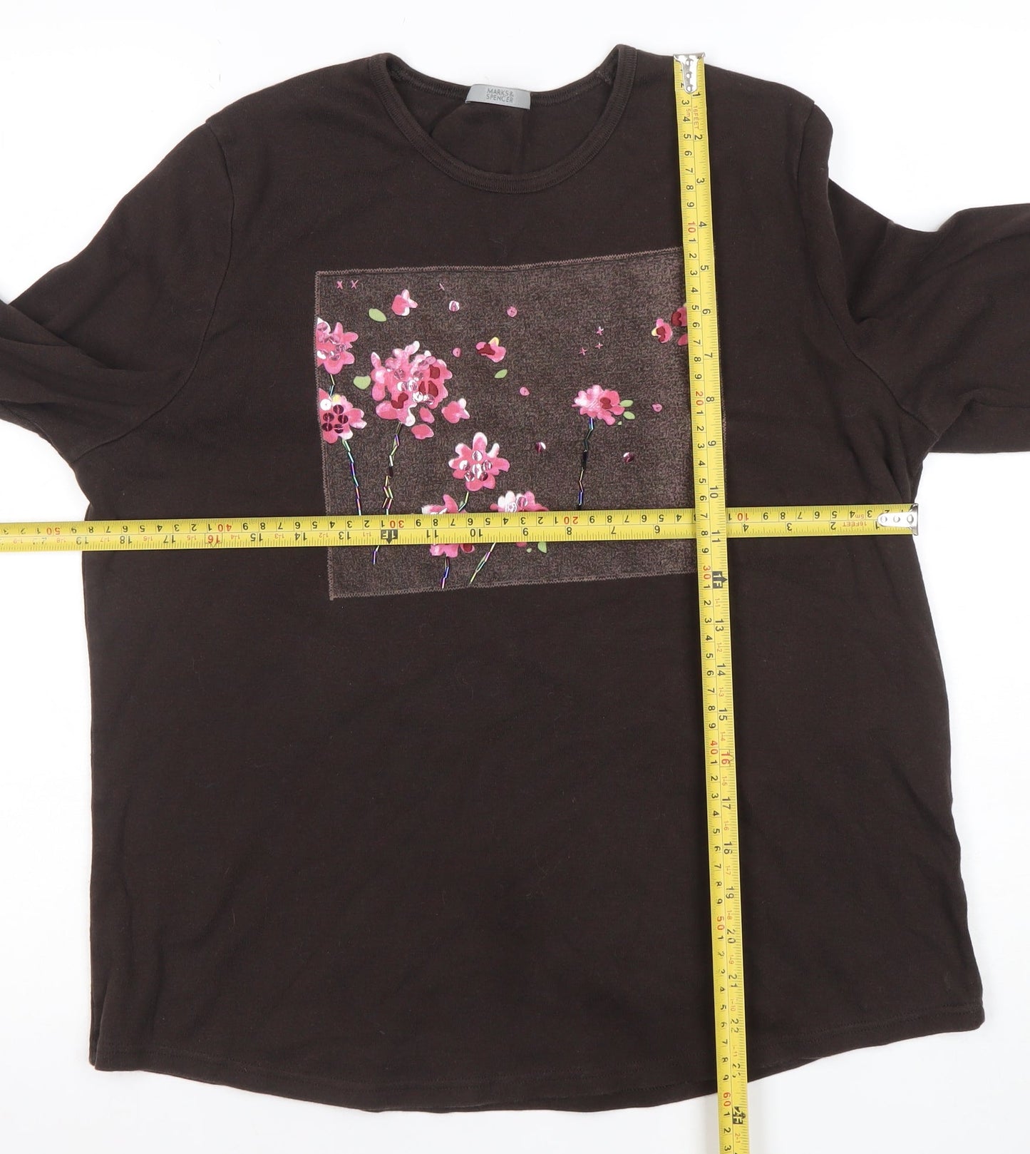 Marks and Spencer Womens Brown Floral Embroidered Long Sleeve Cotton T-Shirt Size 18