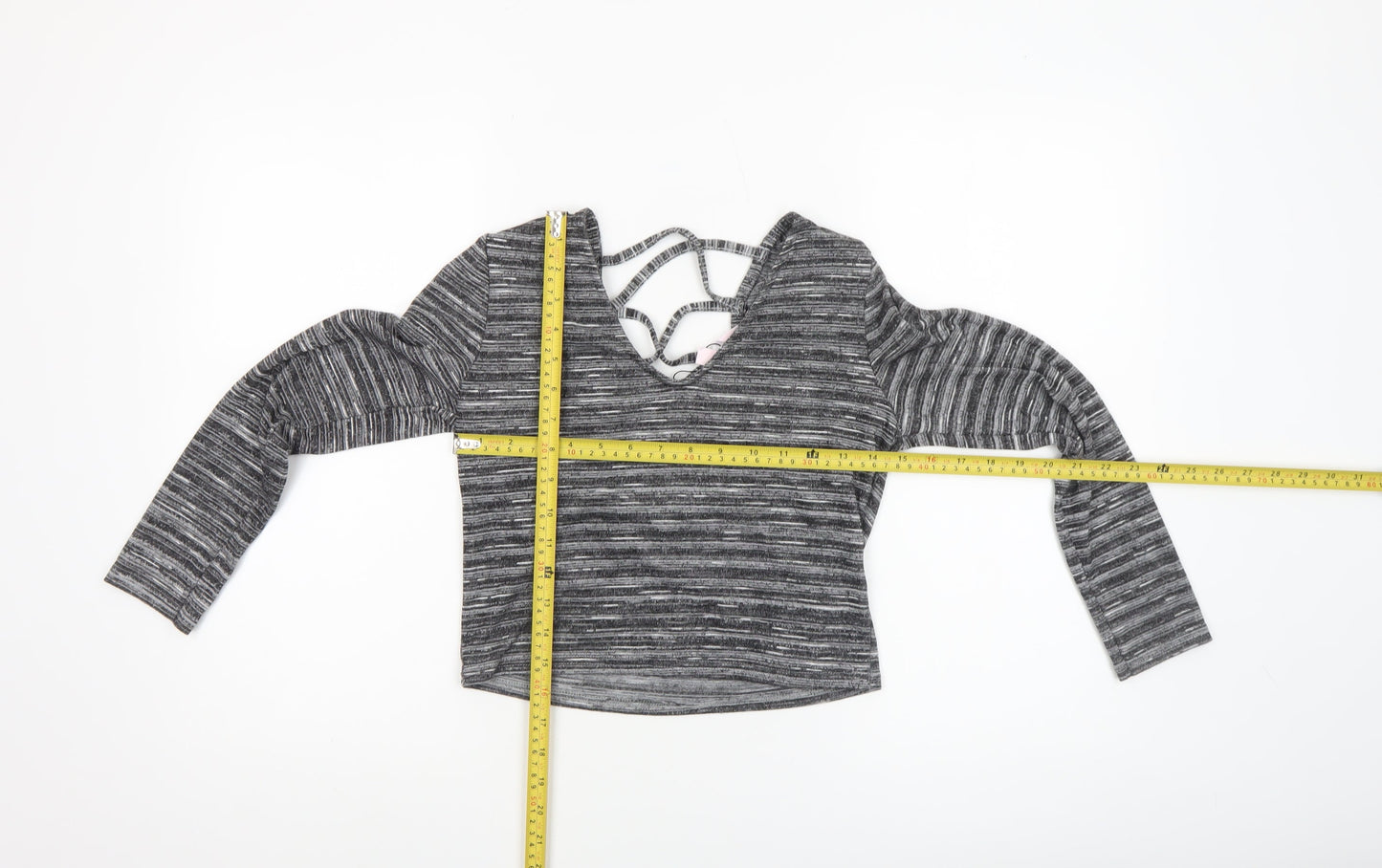Miss Selfridge Petites Grey Striped Cropped V-Neck Long Sleeve Top UK 8