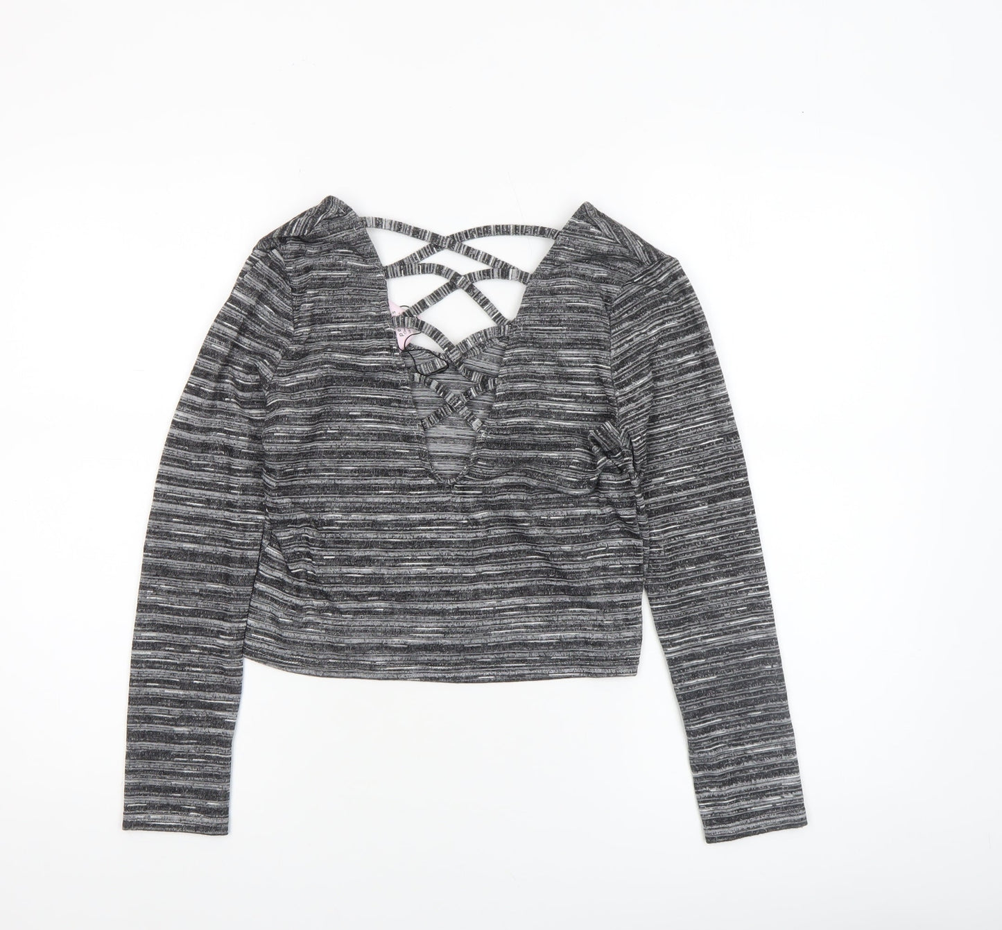Miss Selfridge Petites Grey Striped Cropped V-Neck Long Sleeve Top UK 8
