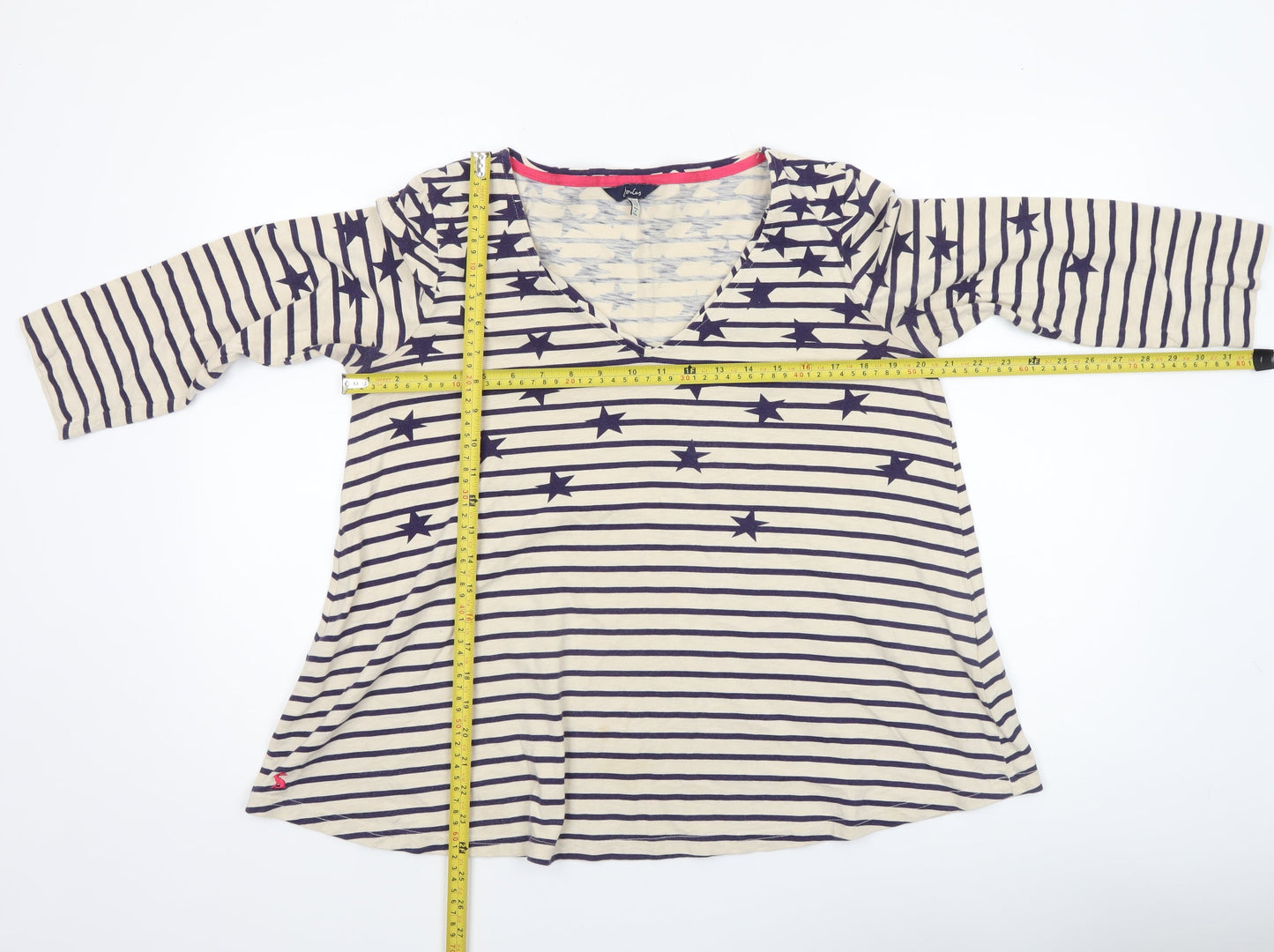 Joules Women’s Beige Navy Striped Star V-Neck Cotton T-Shirt Size 12