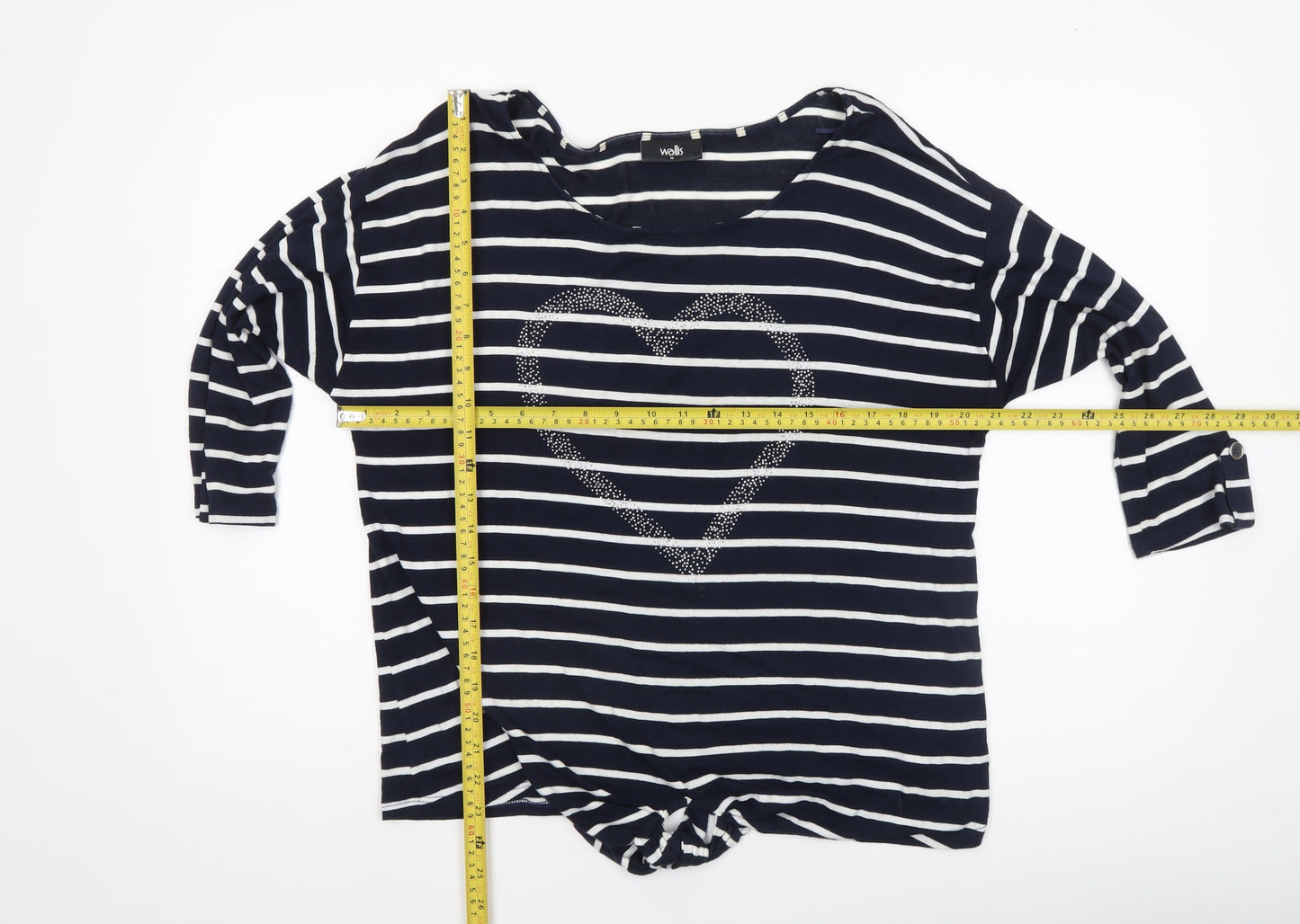 Wallis Women’s Blue Striped Heart T-Shirt Size M 3/4 Sleeve