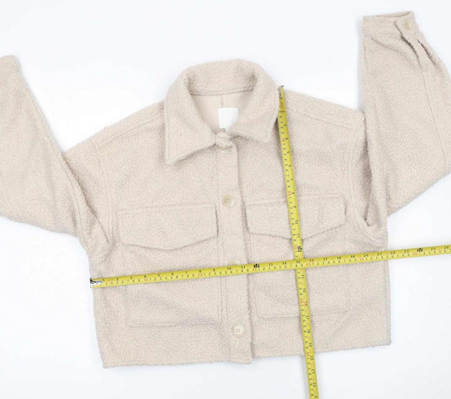 H&M Women Beige Cropped Teddy Fleece Button Jacket Size 12