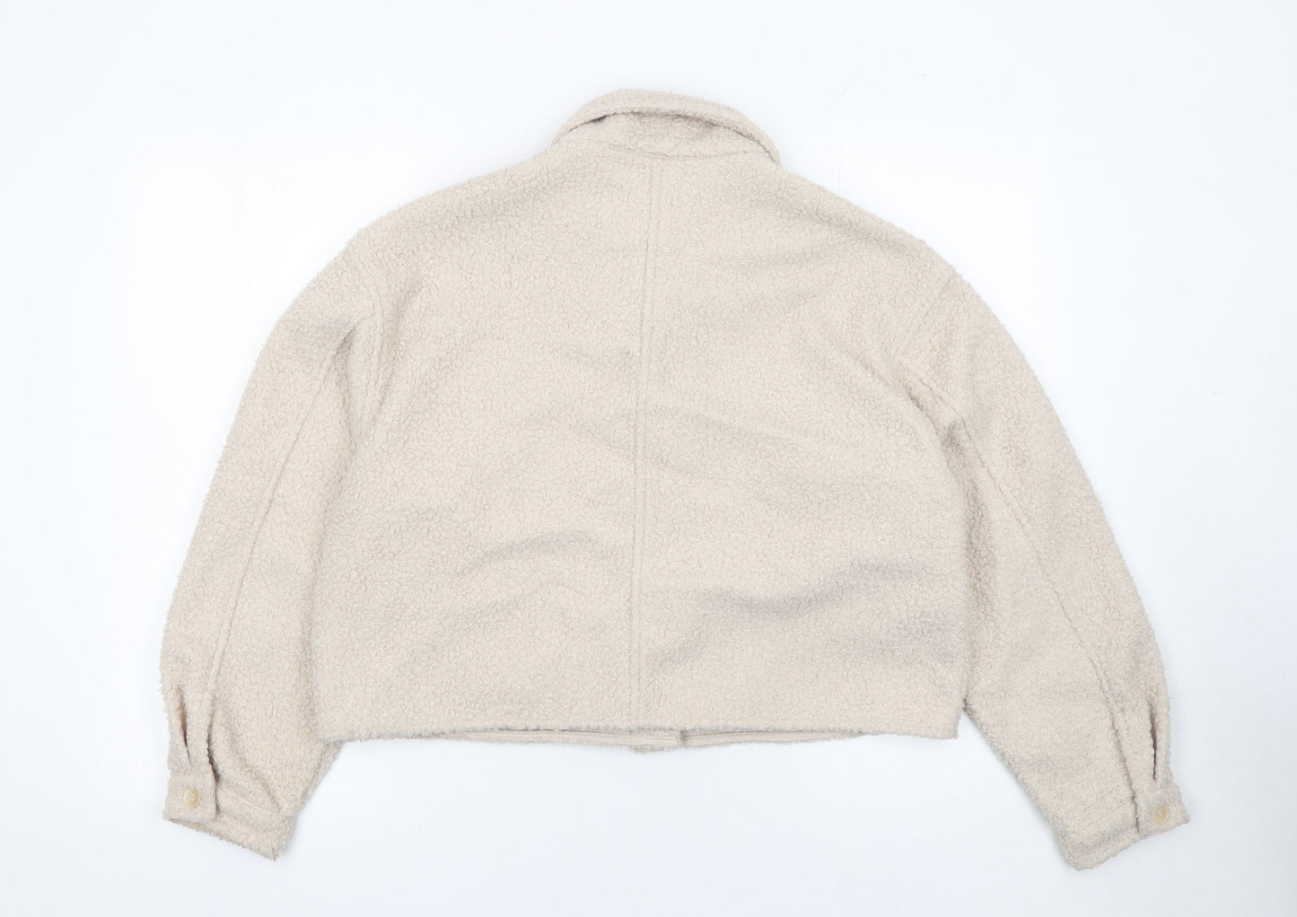 H&M Women Beige Cropped Teddy Fleece Button Jacket Size 12