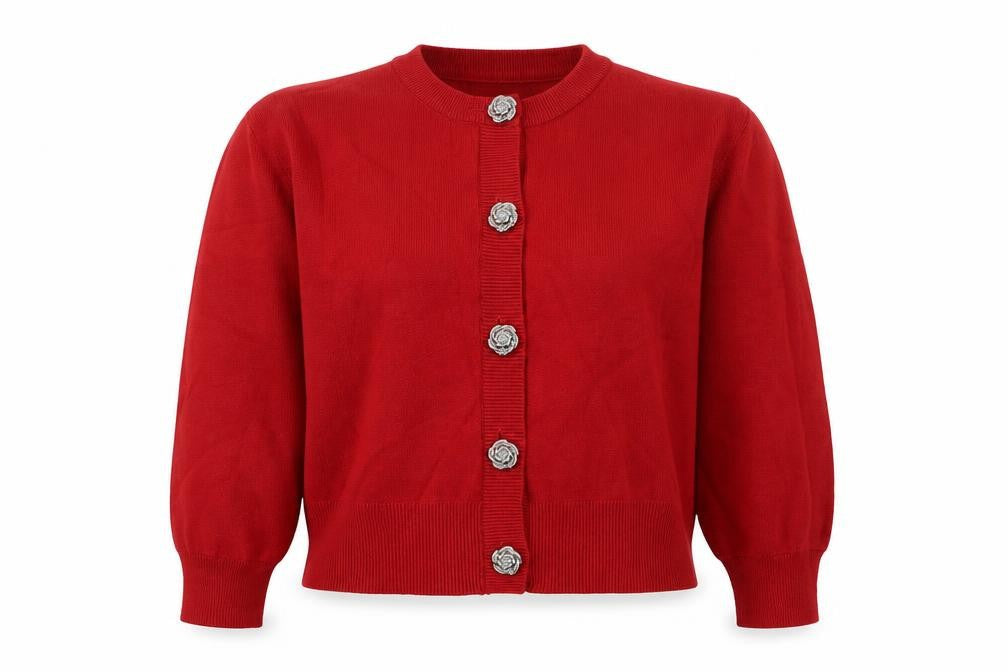 Gallery Women Red Cardigan Medium Viscose Blend Floral Button Knit