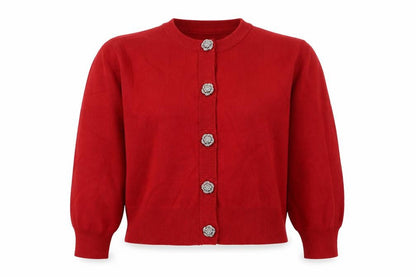 Front view of Gallery Women Red Cardigan Medium Viscose Blend Floral Button Knit