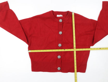 Back view of Gallery Women Red Cardigan Medium Viscose Blend Floral Button Knit