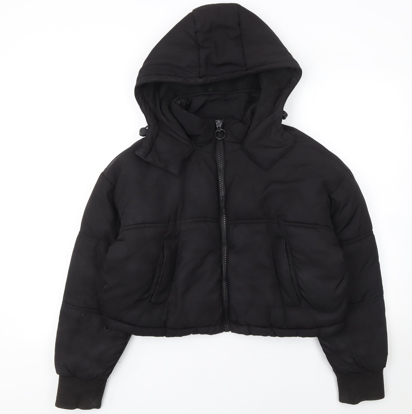 Topshop Women Black Cropped Hooded Puffer Jacket Size 6