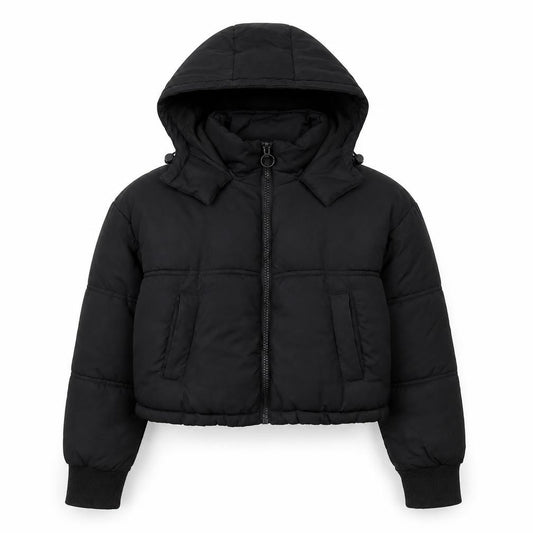 Topshop Women Black Cropped Hooded Puffer Jacket Size 6