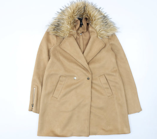 River Island Women Beige Faux Fur Trim Overcoat Size 10