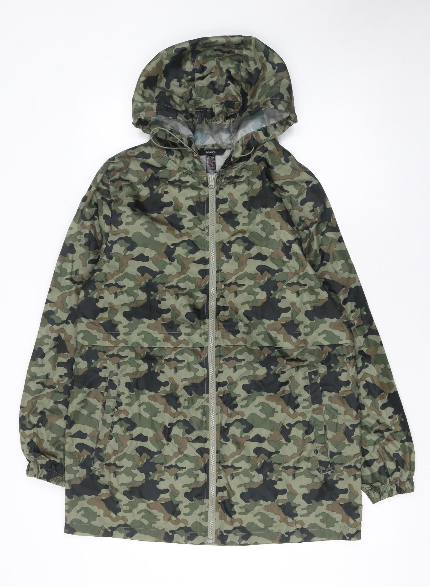 George Women’s Green Camouflage Hooded Lightweight Rain Coat Jacket Size 8