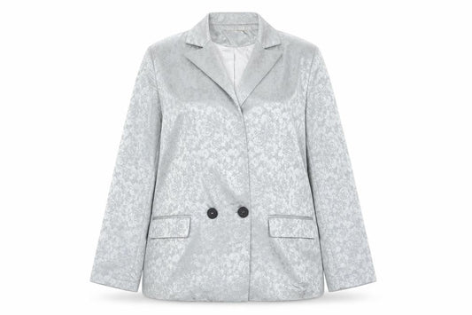 K.Zell Women Silver Floral Jacquard Blazer Jacket L Double Breasted